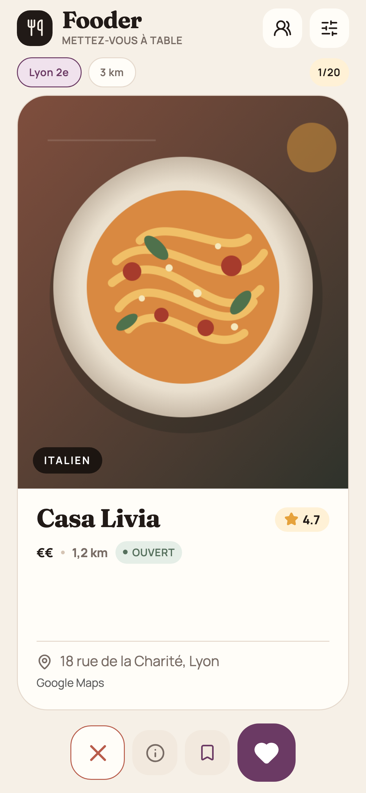 Fooder restaurant discovery screen in light mode, showing a fictional Italian restaurant card.