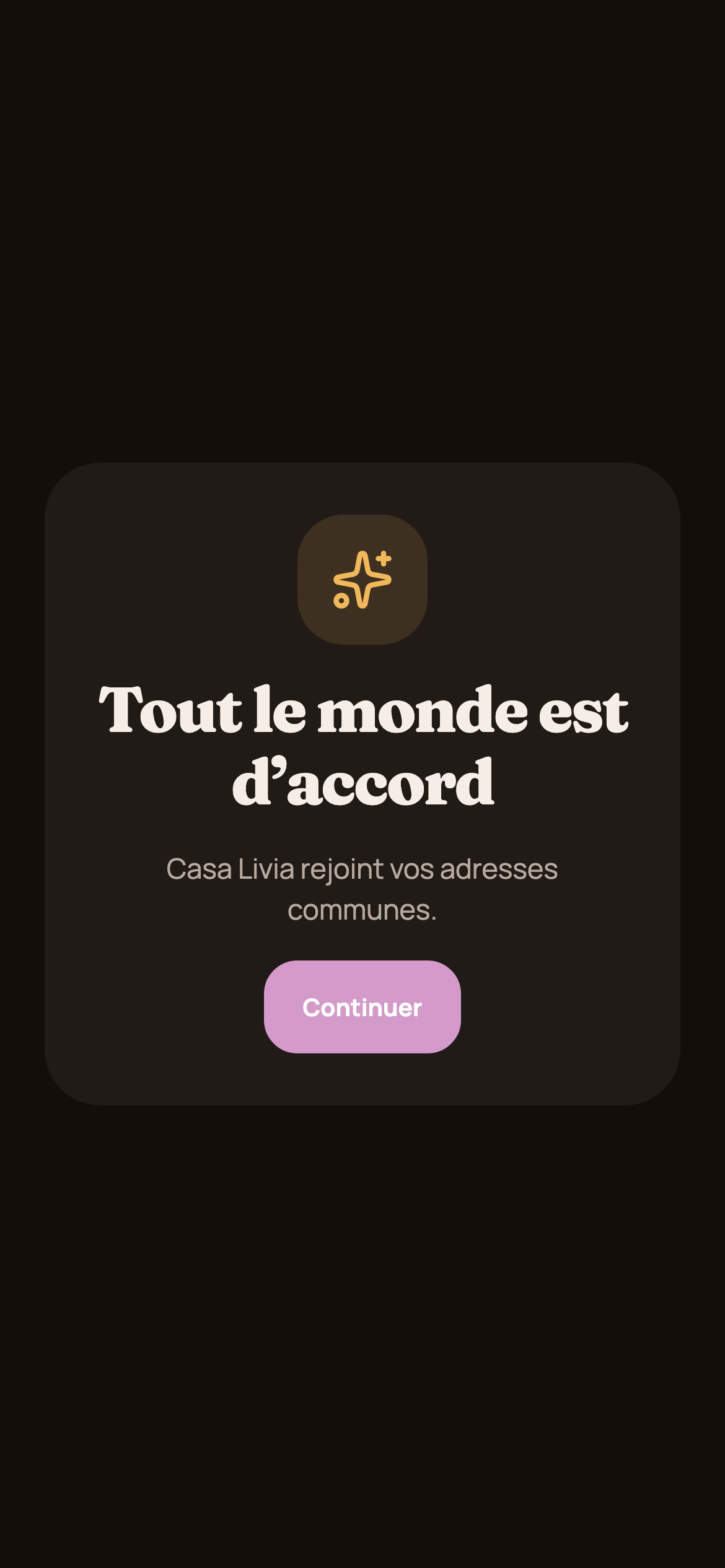 Fooder mutual match confirmation in dark mode for the fictional restaurant Casa Livia.